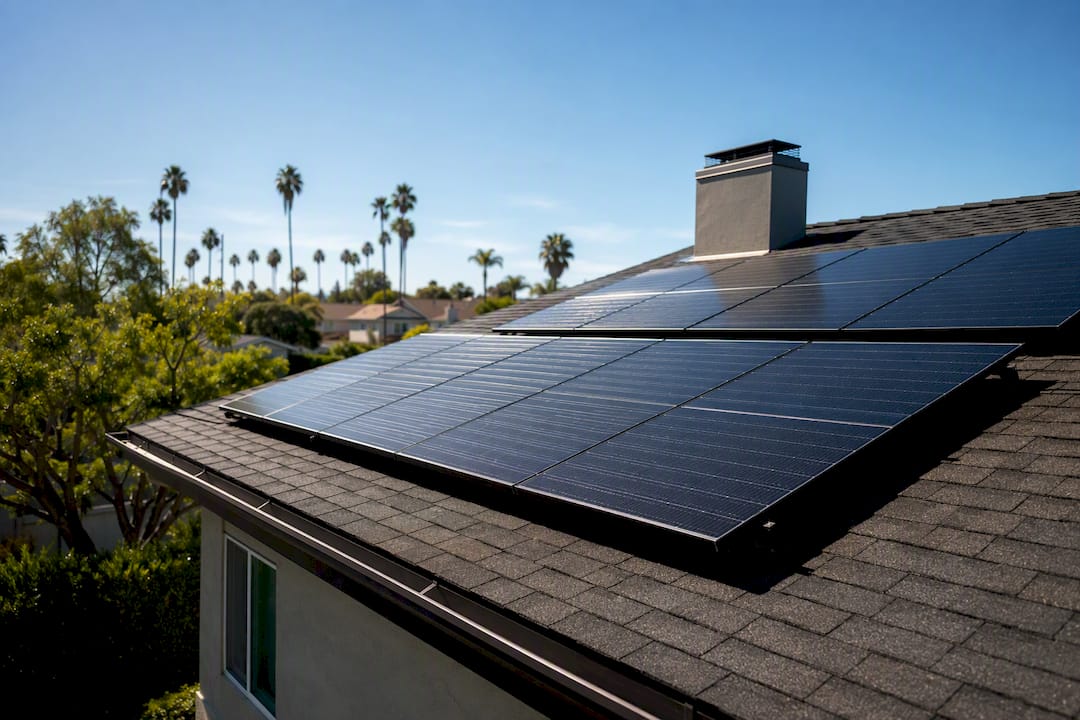 Sunlit rooftop solar panels on residential house
