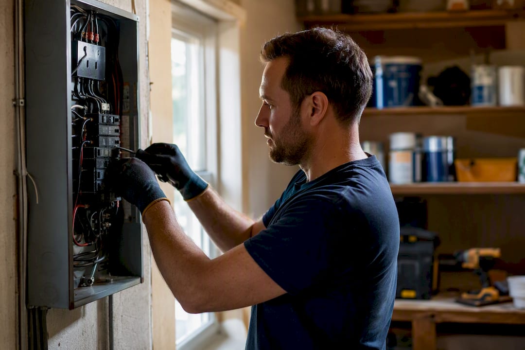 Hands wiring new electrical panel in home