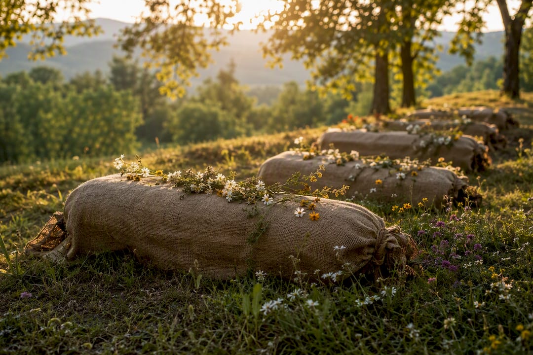 Biodegradable caskets in natural burial ground