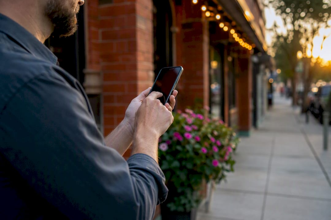 Hands adding photo on business profile smartphone