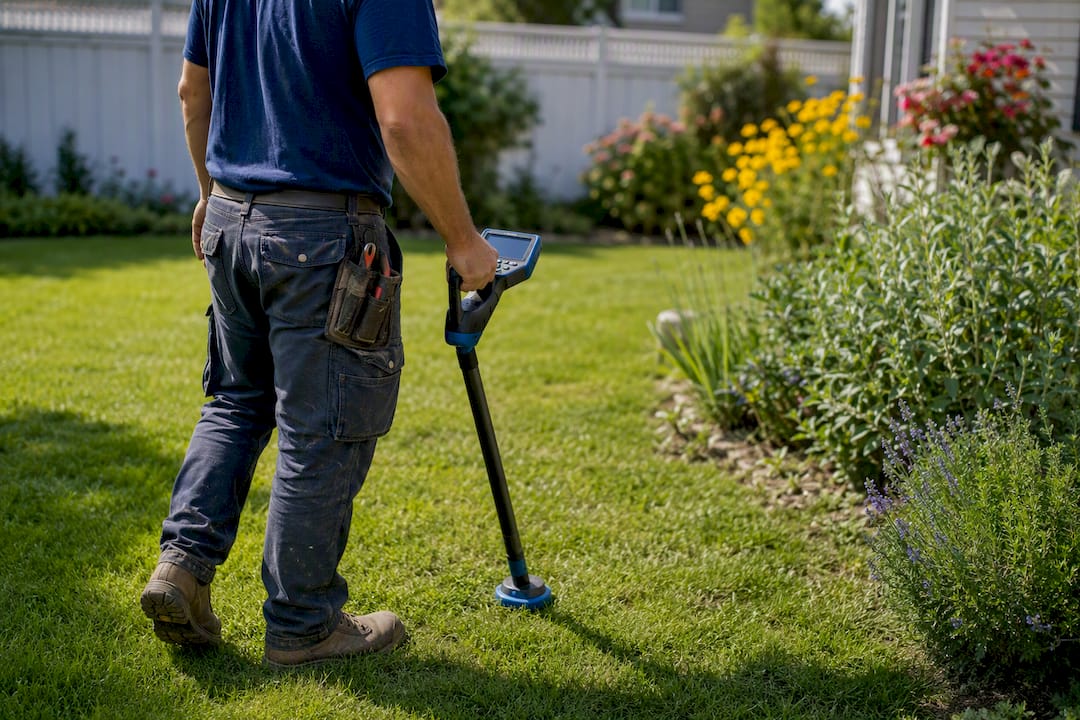 Plumber using sewer line locator in yard
