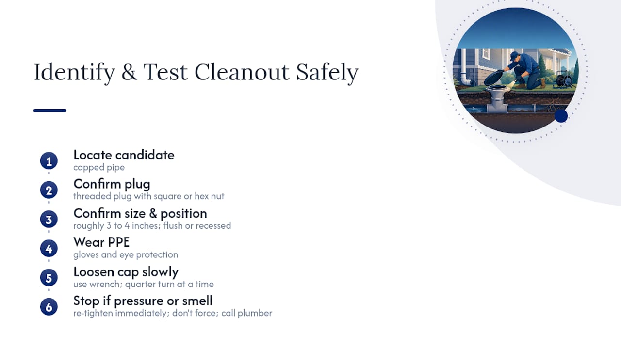 Diagram of safe sewer cleanout identification and testing steps
