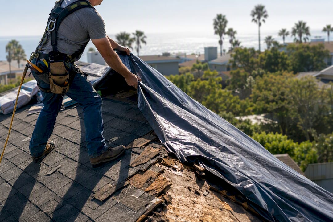 Roofer installing plastic barrier under shingles