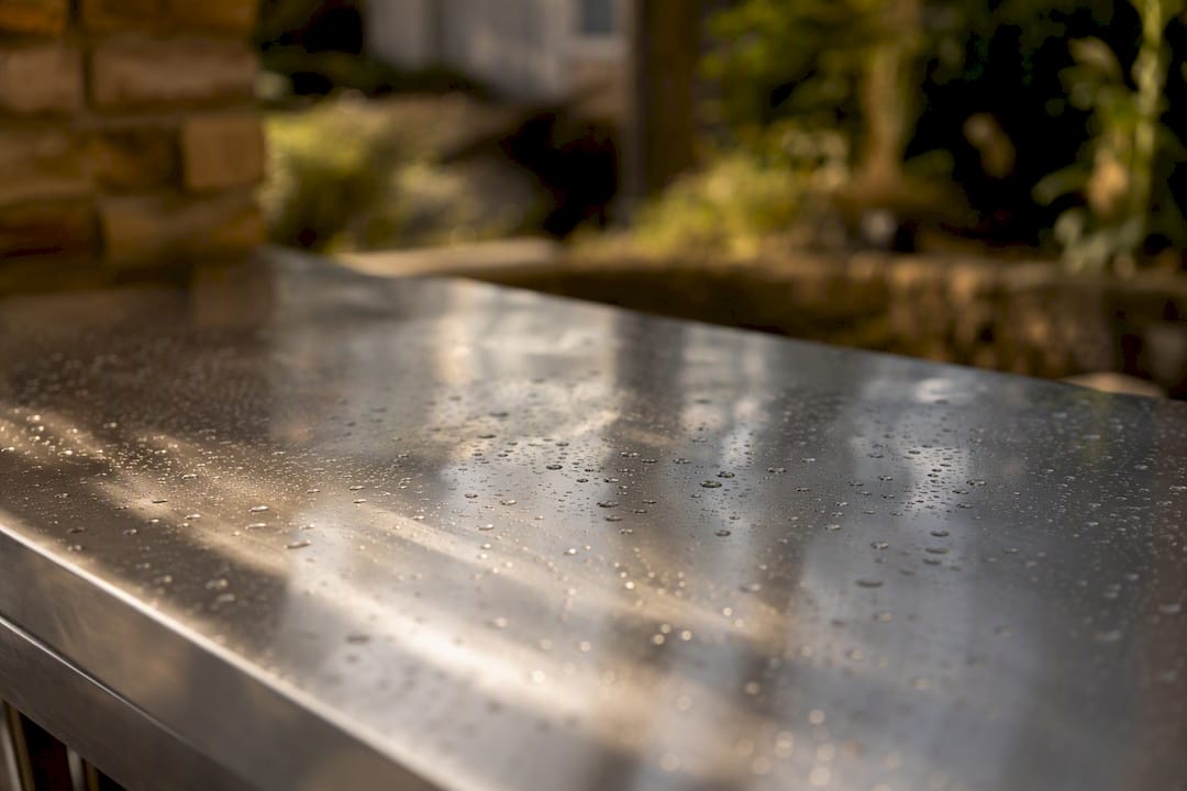 Brushed stainless steel outdoor kitchen countertop close-up