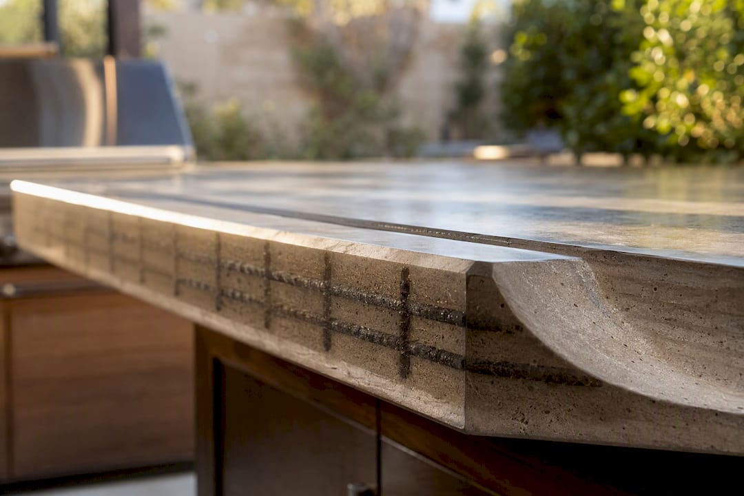 Close-up of custom concrete outdoor countertop edge