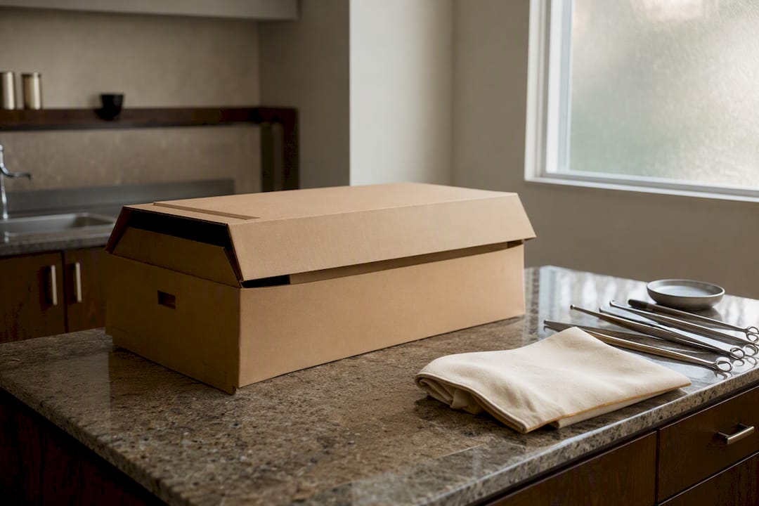 unfinished wooden cremation container on table