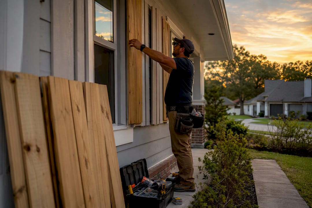 Louisiana home with hurricane shutters being installed