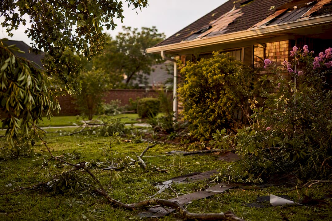 Storm damage debris in a Louisiana yard