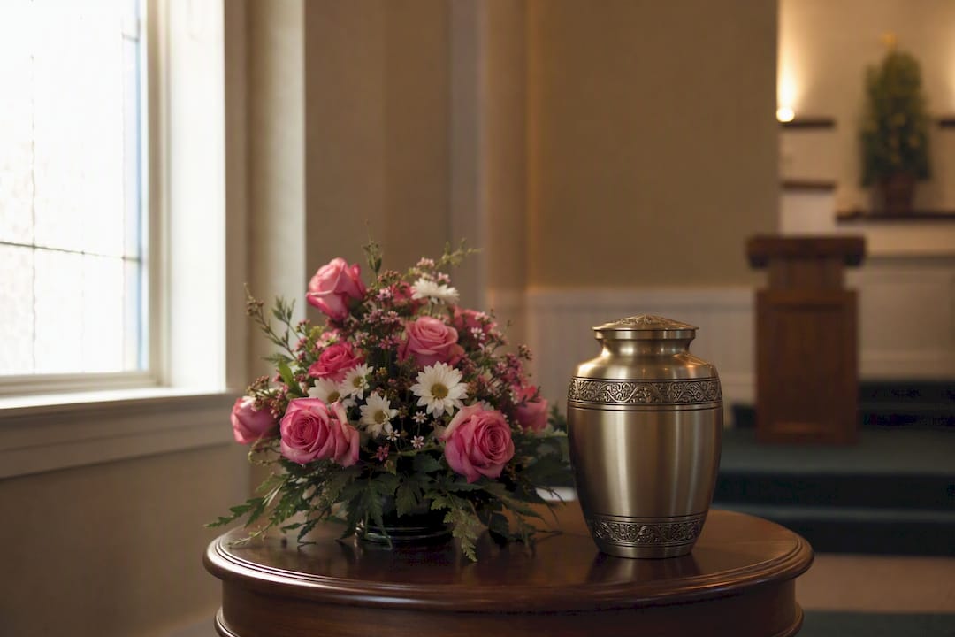 Floral arrangement by cremation urn on table