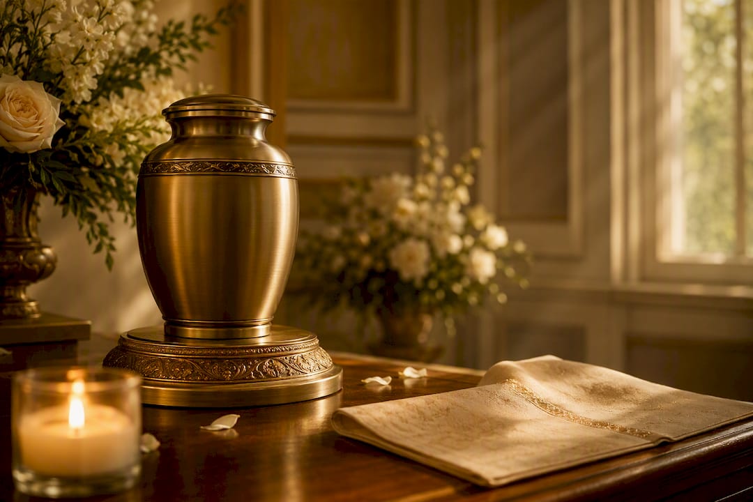 Cremation urn on pedestal in memorial room