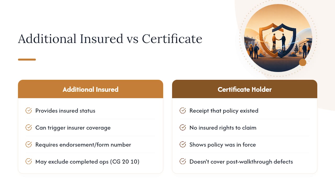 Diagram contrasting additional insured vs certificate holder coverage