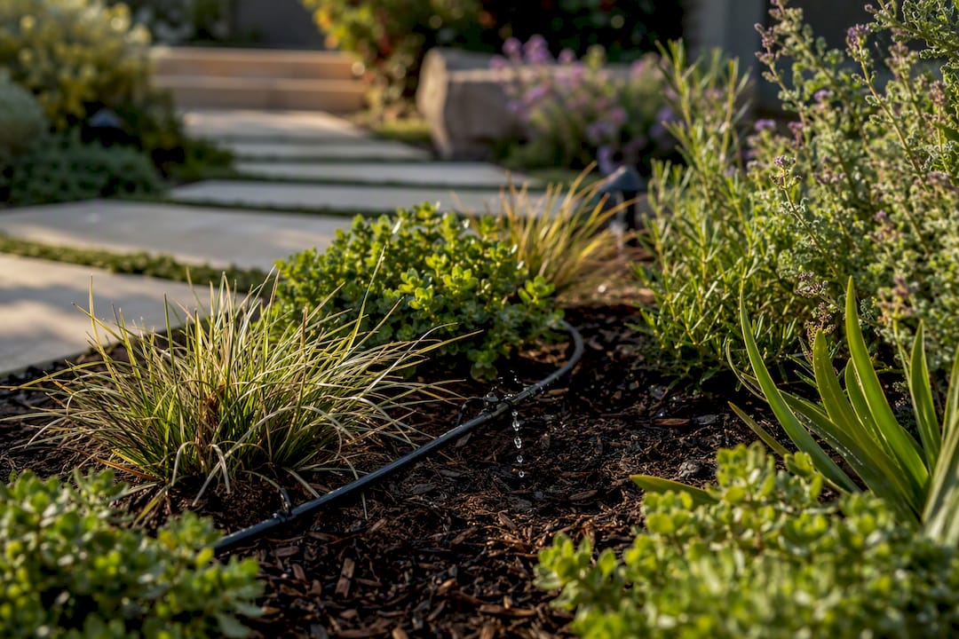 Drip irrigation watering plants in luxury garden