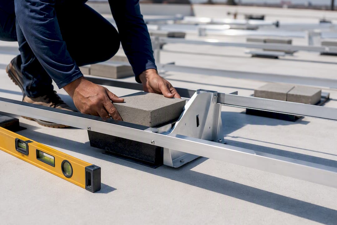 Hands adjusting ballasted solar mount on flat roof