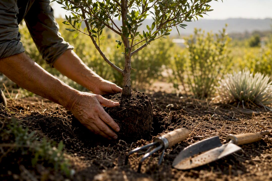 Hands planting memorial tree outdoors