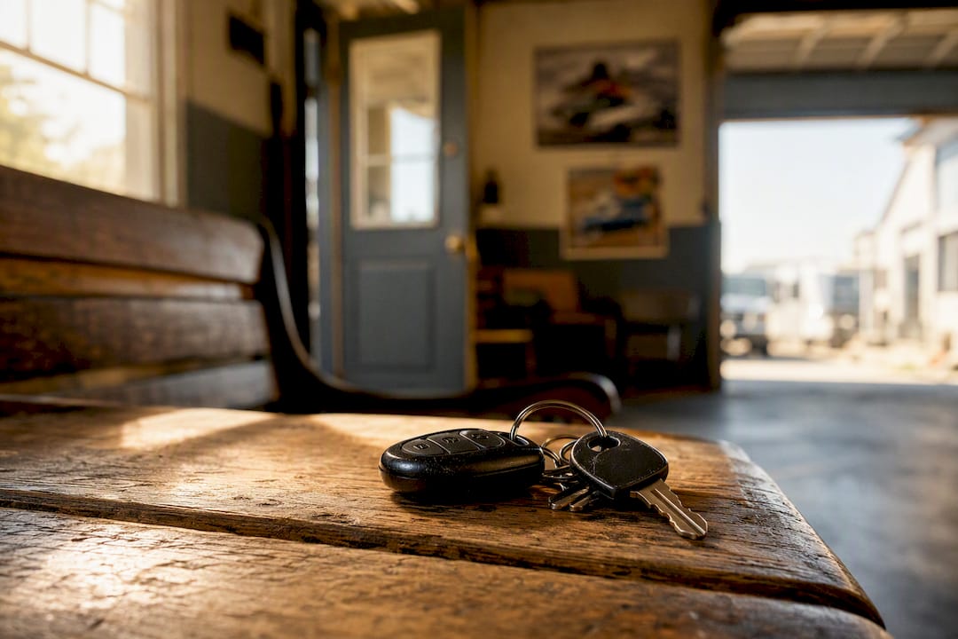 Vehicle keys on wooden bench in repair shop