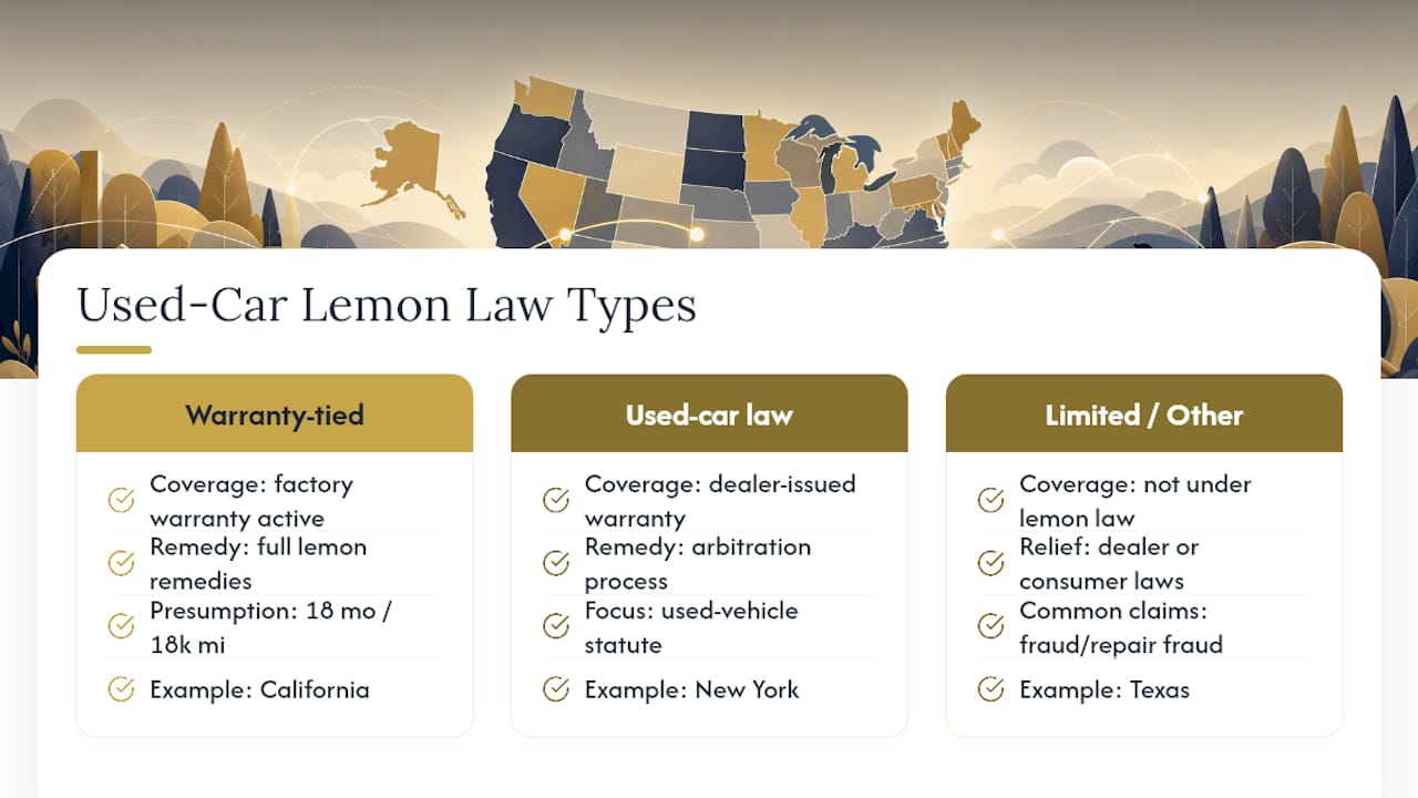 Map of U.S. states by used-car lemon law coverage pattern