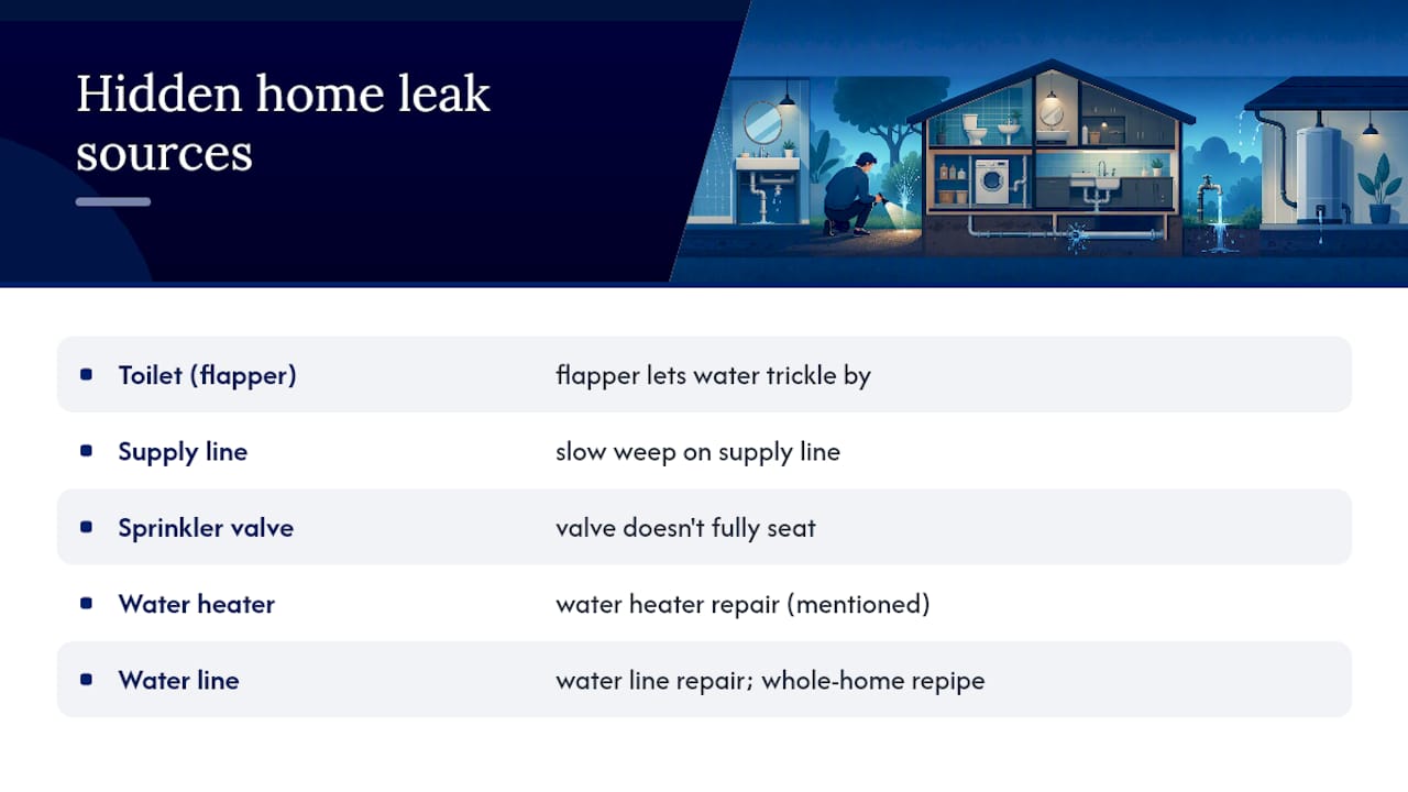 Diagram of hidden water leak sources in a home