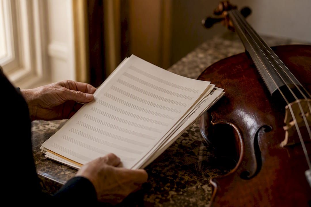 Hands holding classical music sheet next to violin