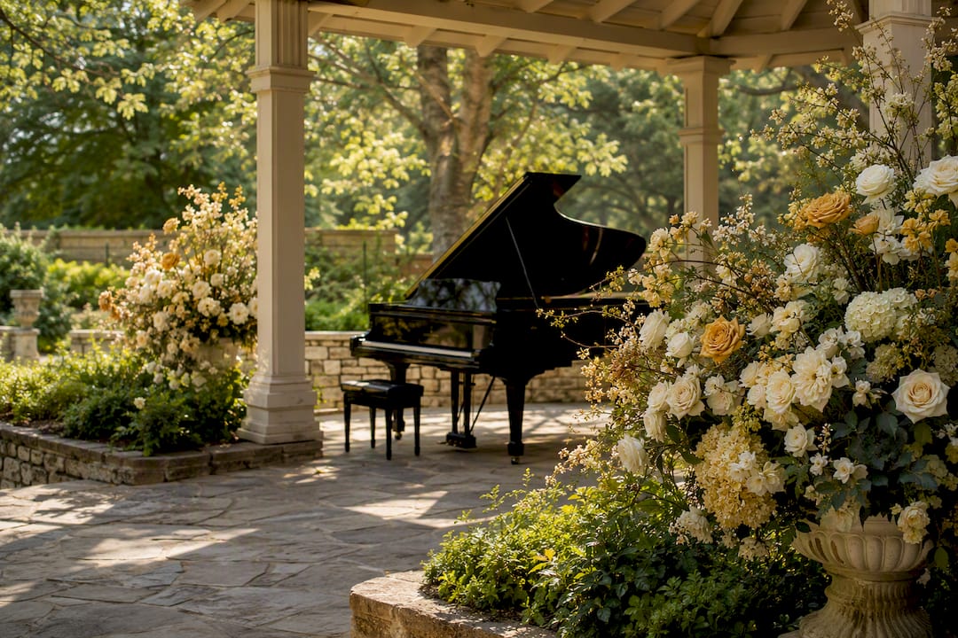 Grand piano with floral arrangements in memorial room