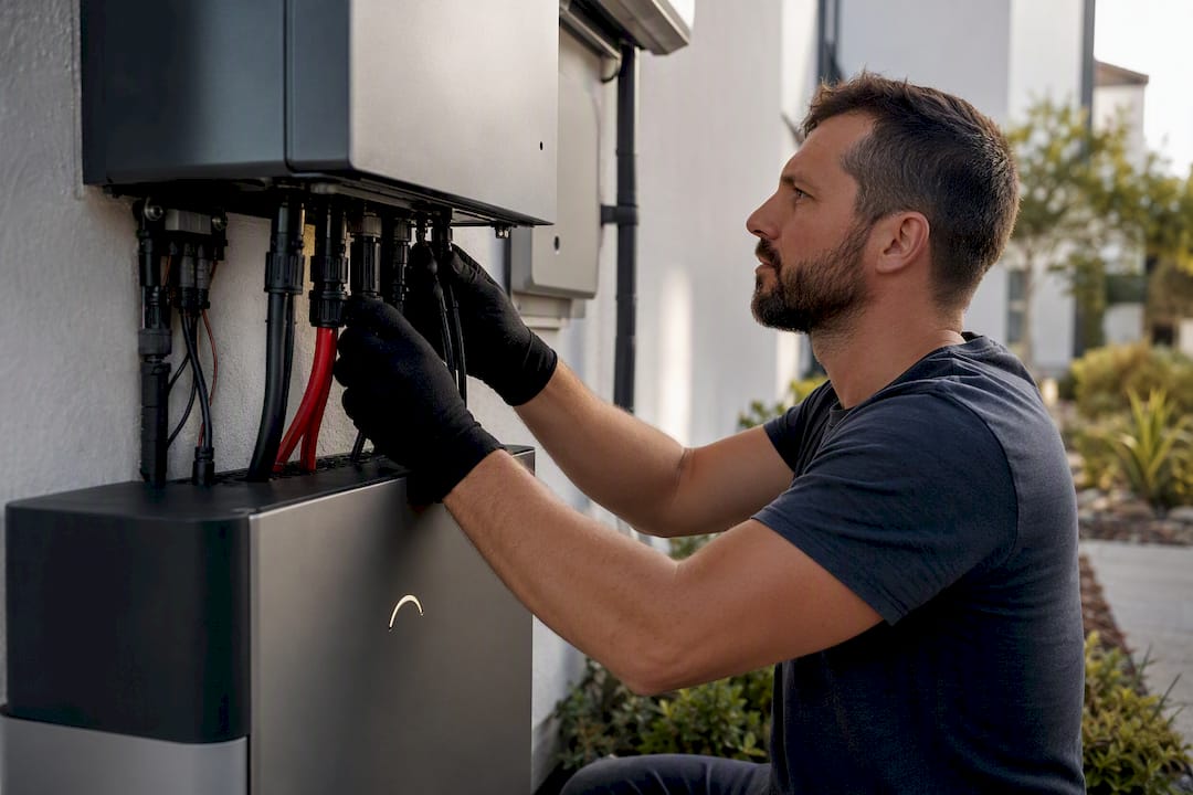 Installer wiring solar battery connections outdoors