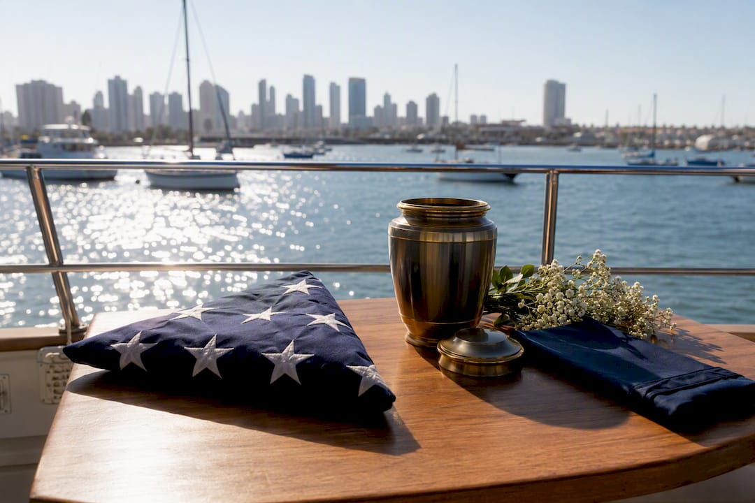 Folded flag and urn on boat deck at sunrise