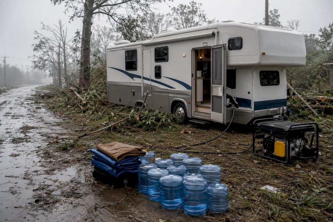 Mobile catastrophe response RV at disaster site
