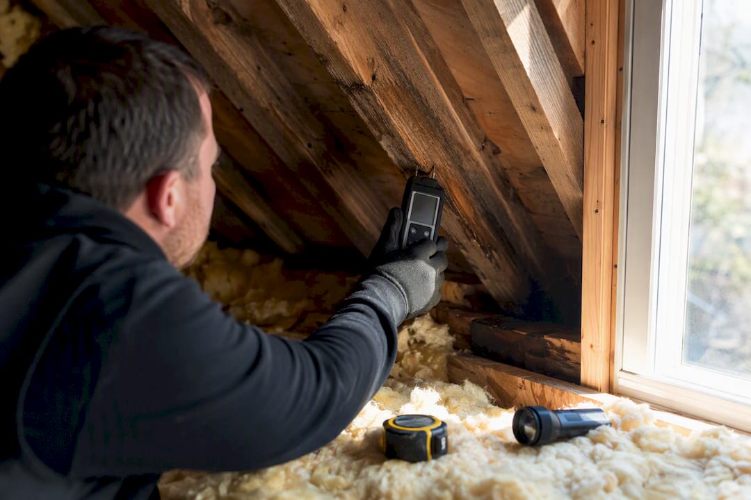 Hands measuring moisture in attic rafters