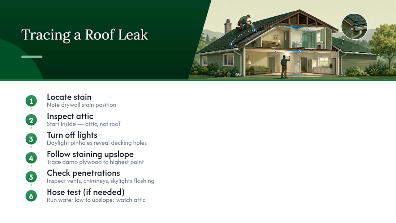 Diagram of roof leak tracing process from roof to attic