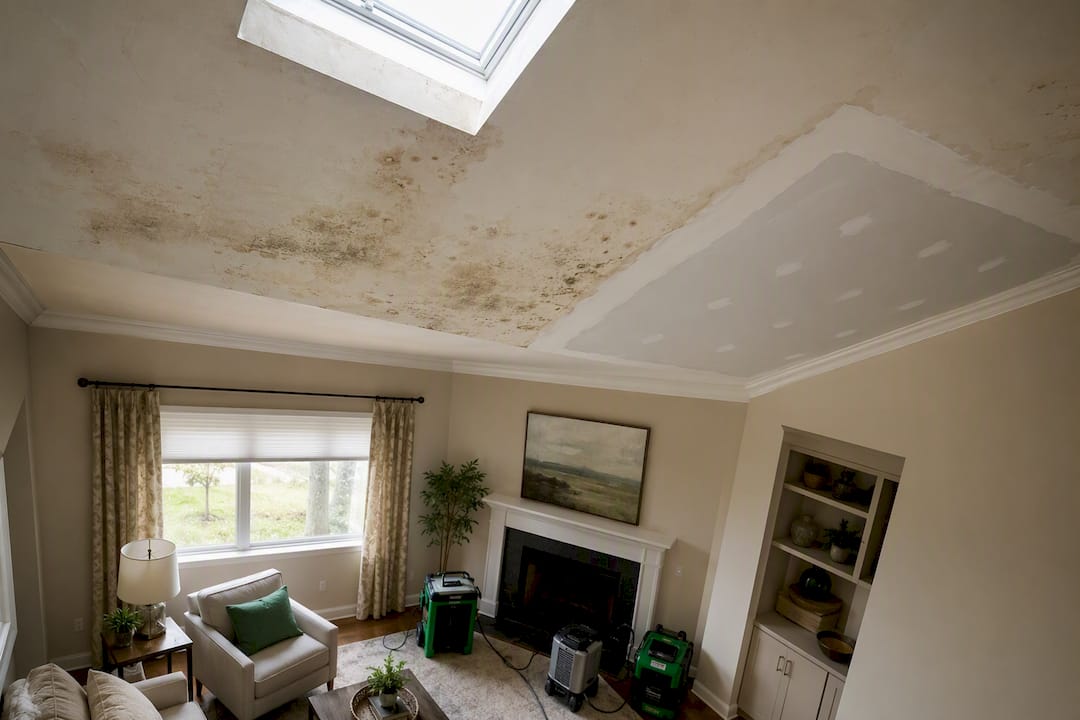 Interior ceiling with water damage patch
