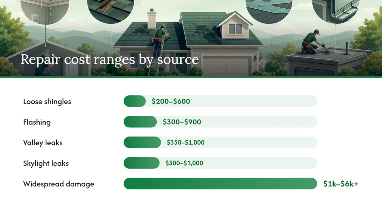 Diagram of roof leak sources and associated repair costs