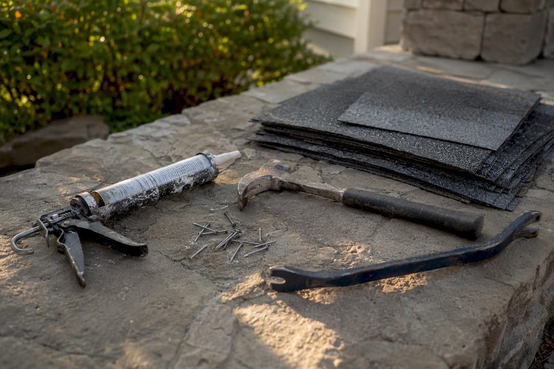 Roof repair tools and materials on shingles