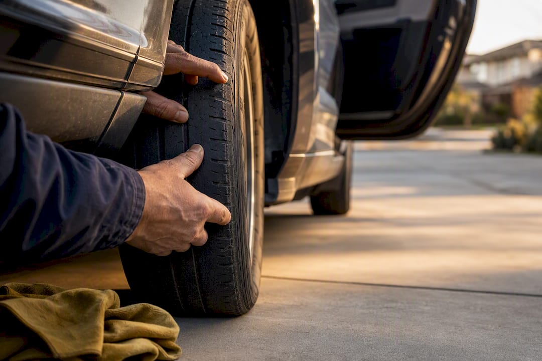 Hands inspecting a used vehicle tire