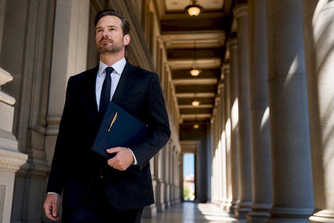 Attorney carrying legal file in courthouse