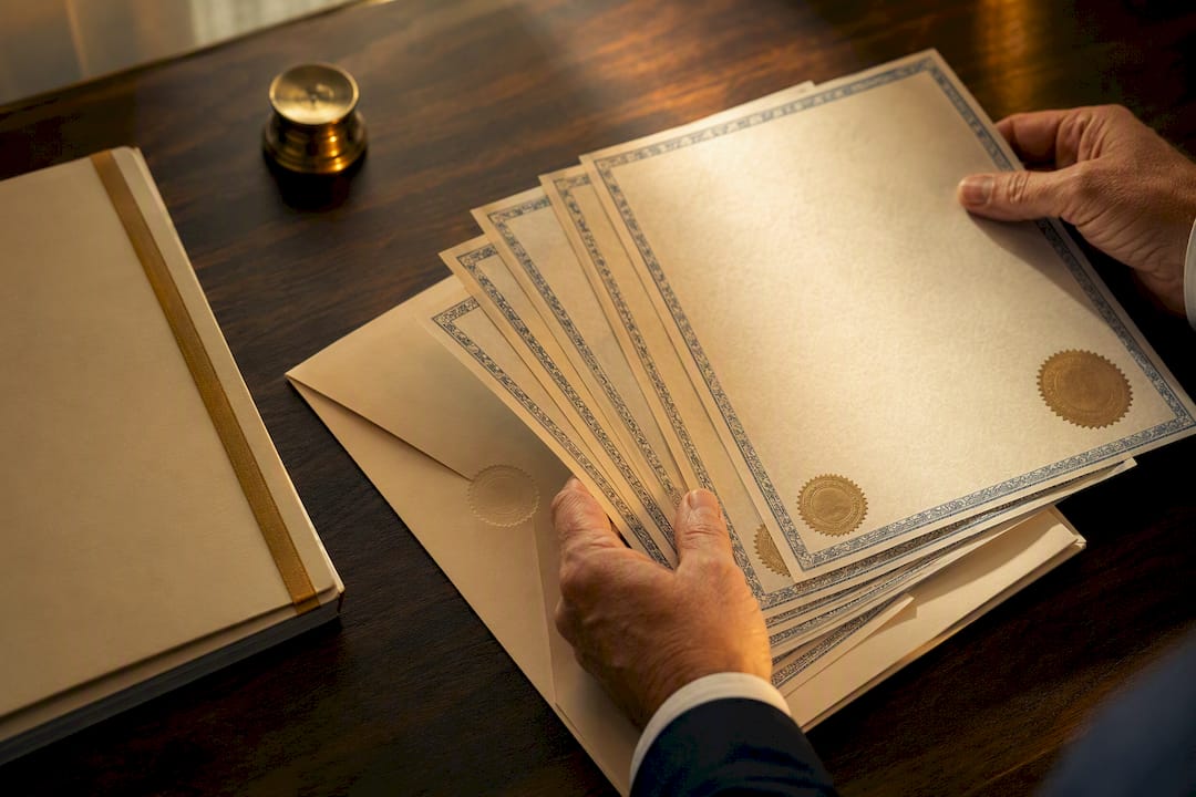 Hands organizing certified death certificate copies