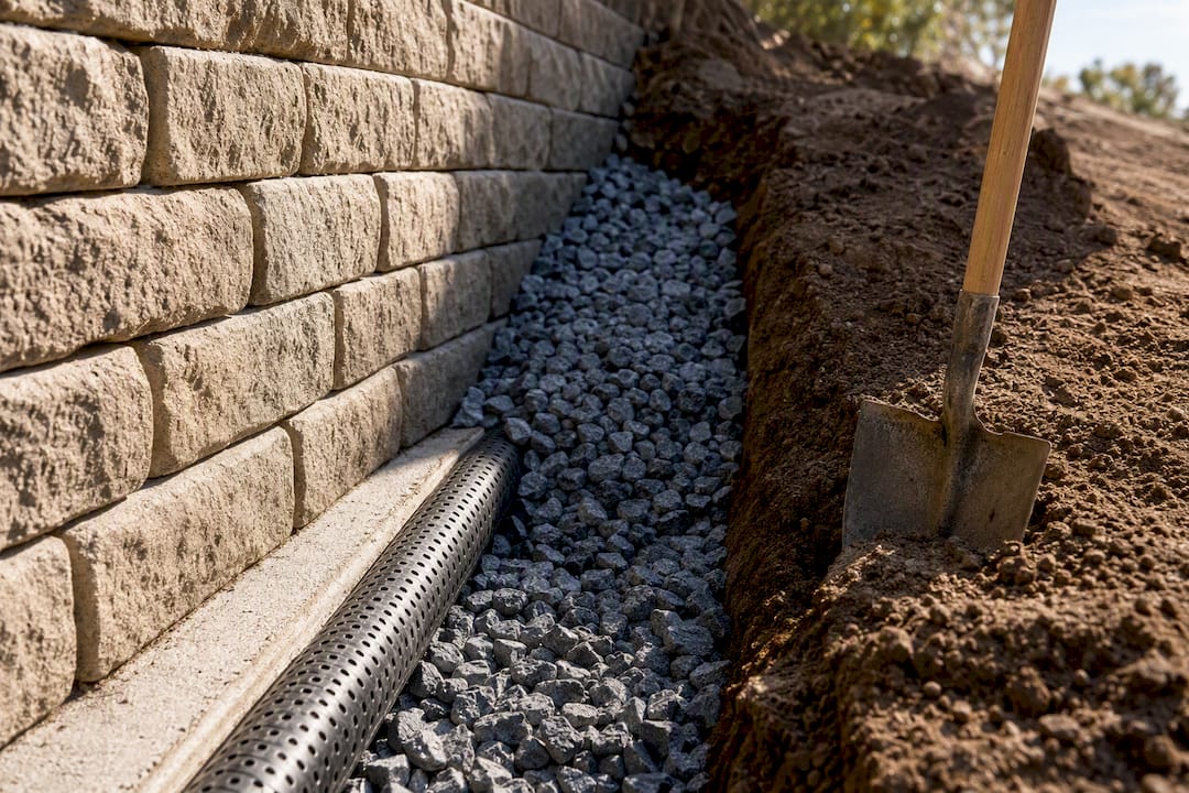Drain rock and pipe behind retaining wall