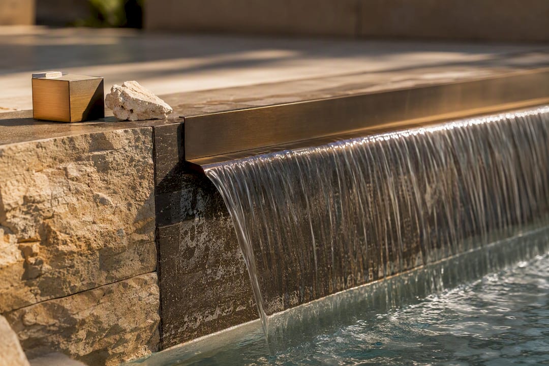 Metal waterfall lip beside natural stone