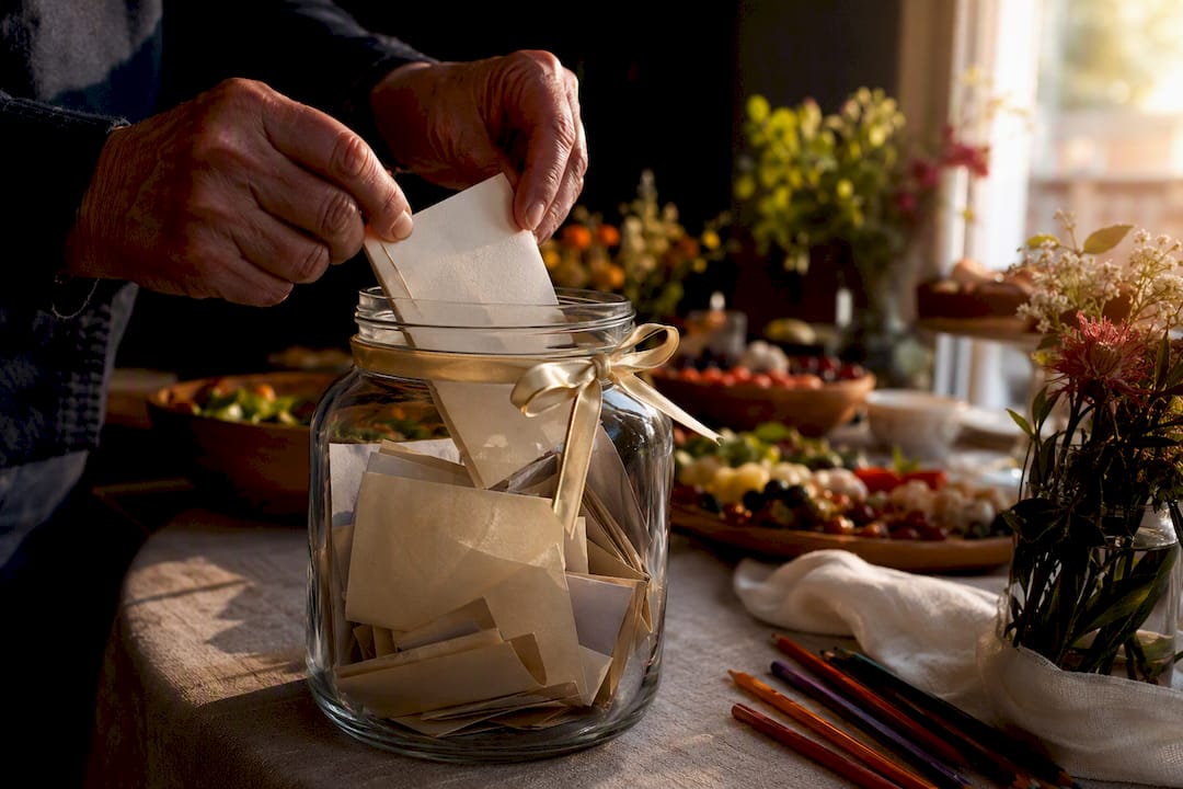 Hands adding remembrance card to memory jar