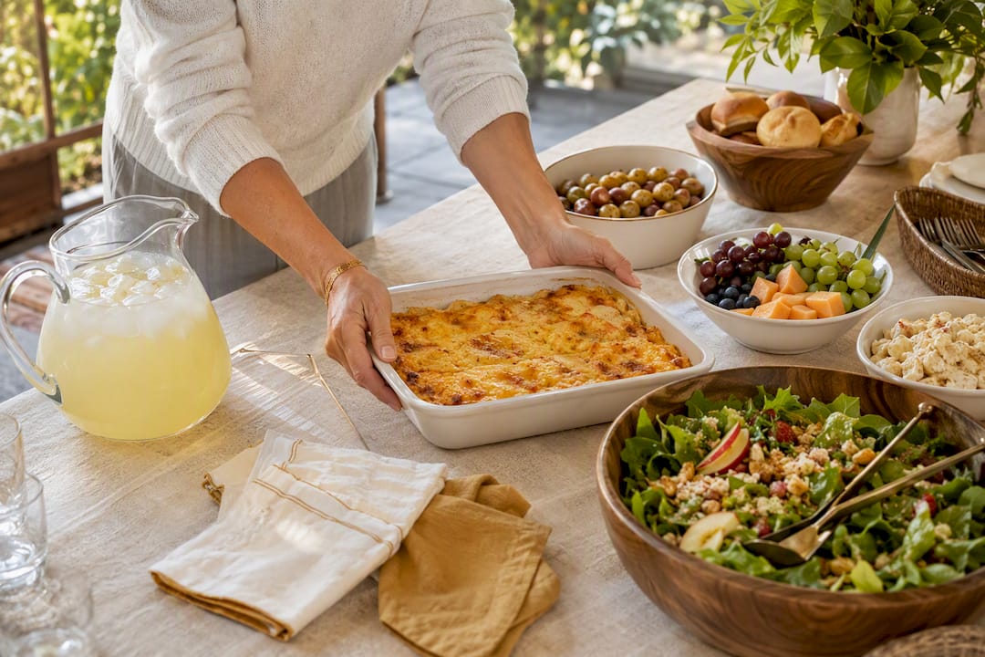 Comfort foods arranged for memorial potluck