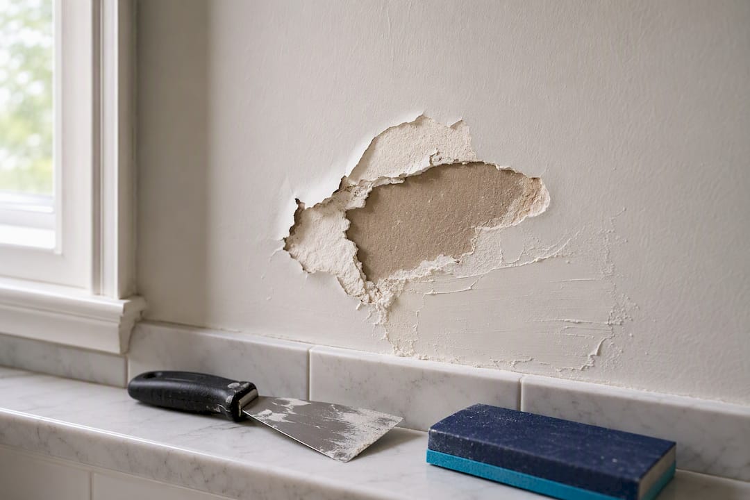 Exposed drywall damage beneath peeling paint