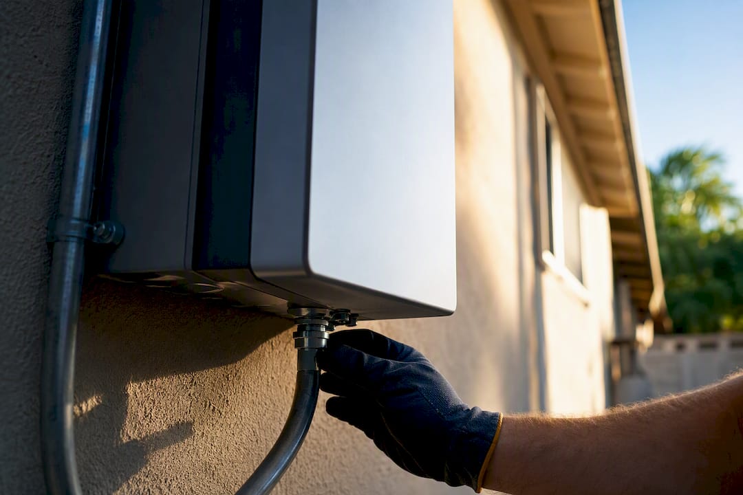 Home battery installation beside a San Diego house