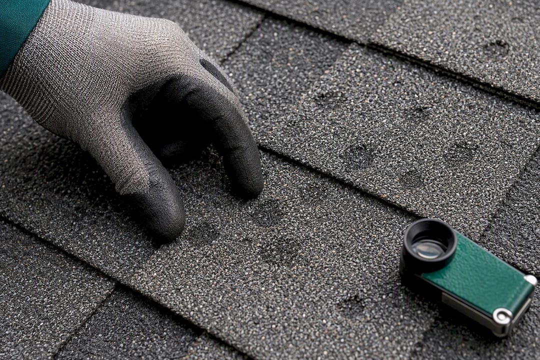 Close-up of hail dents and granule loss