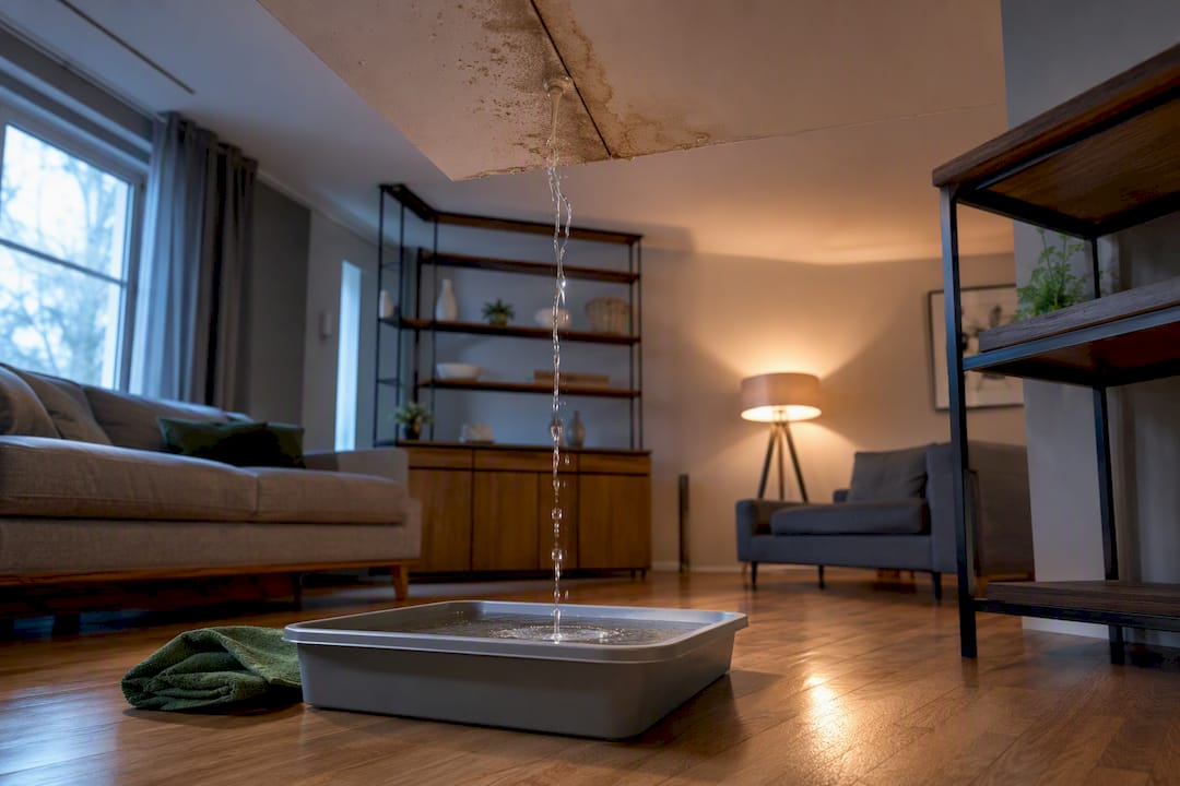 Active ceiling leak dripping into containment tray