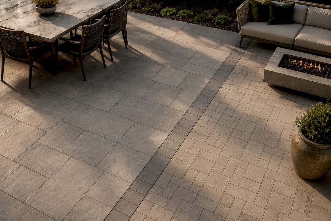 Patio zones separated by paver border