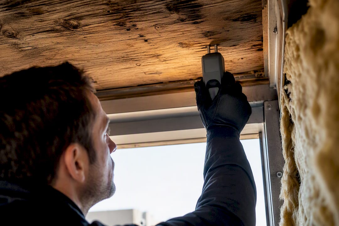 Technician scanning roof decking for moisture