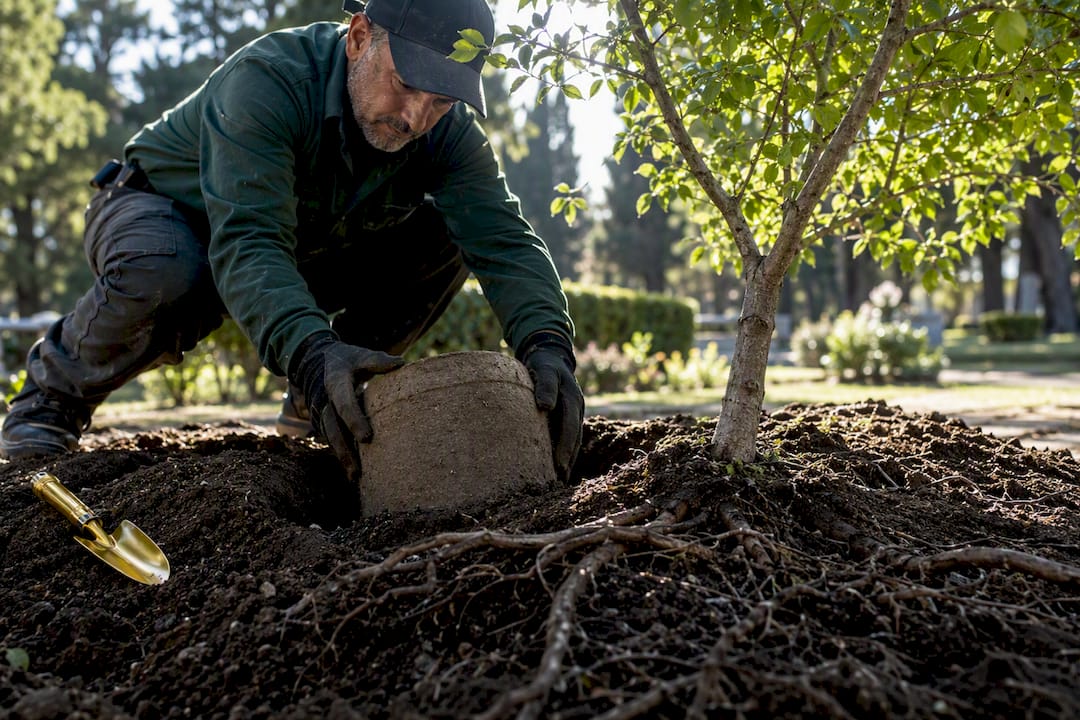 Biodegradable urn beside newly planted memorial tree