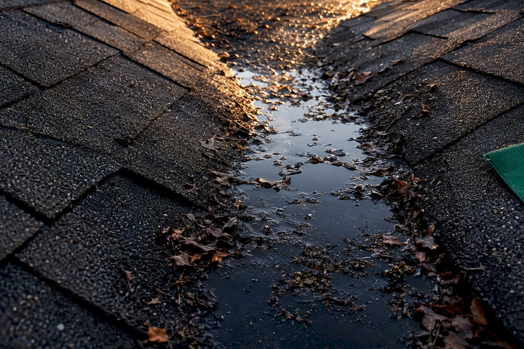 Pooled water and debris in a dead roof valley