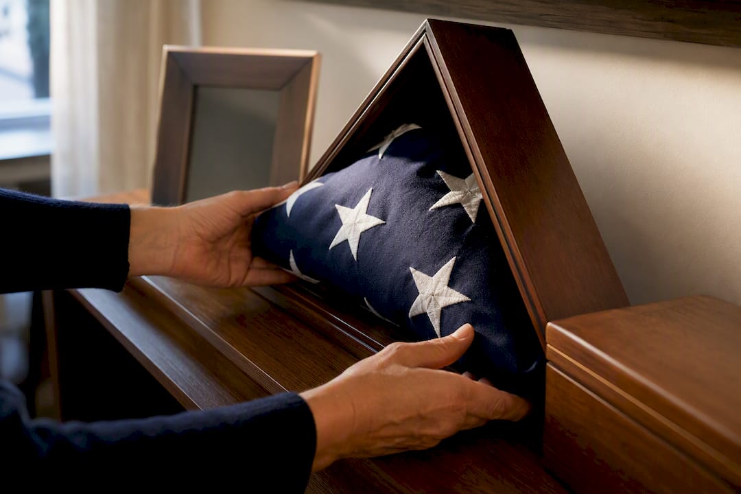 Folded burial flag placed in shadow box