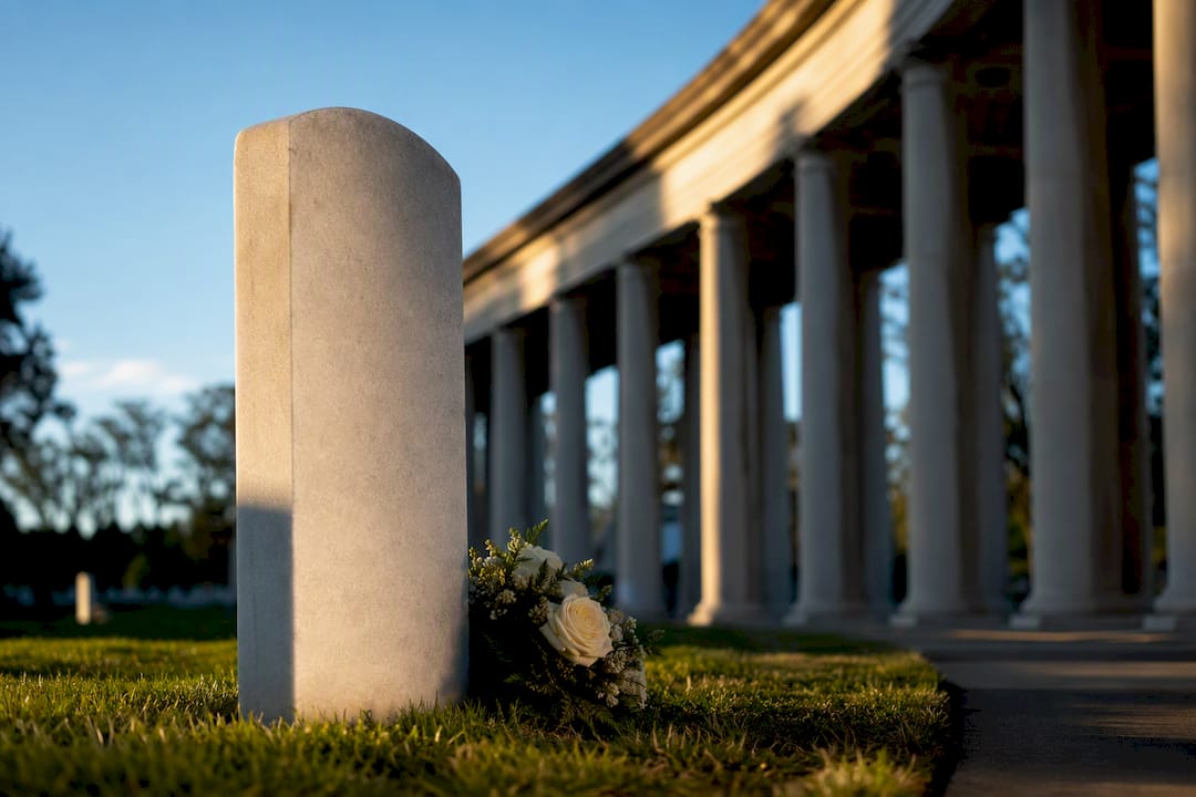 Veterans headstone in a quiet memorial colonnade