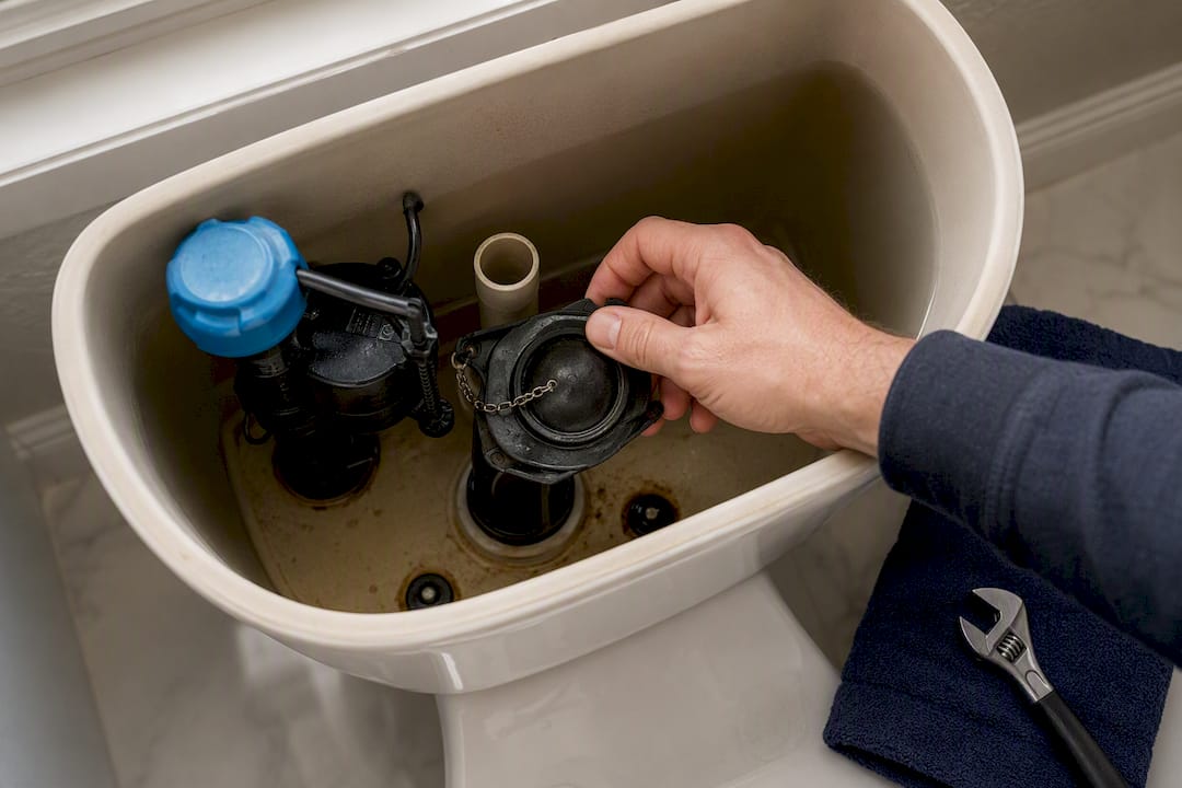 Hand inspecting toilet flapper valve