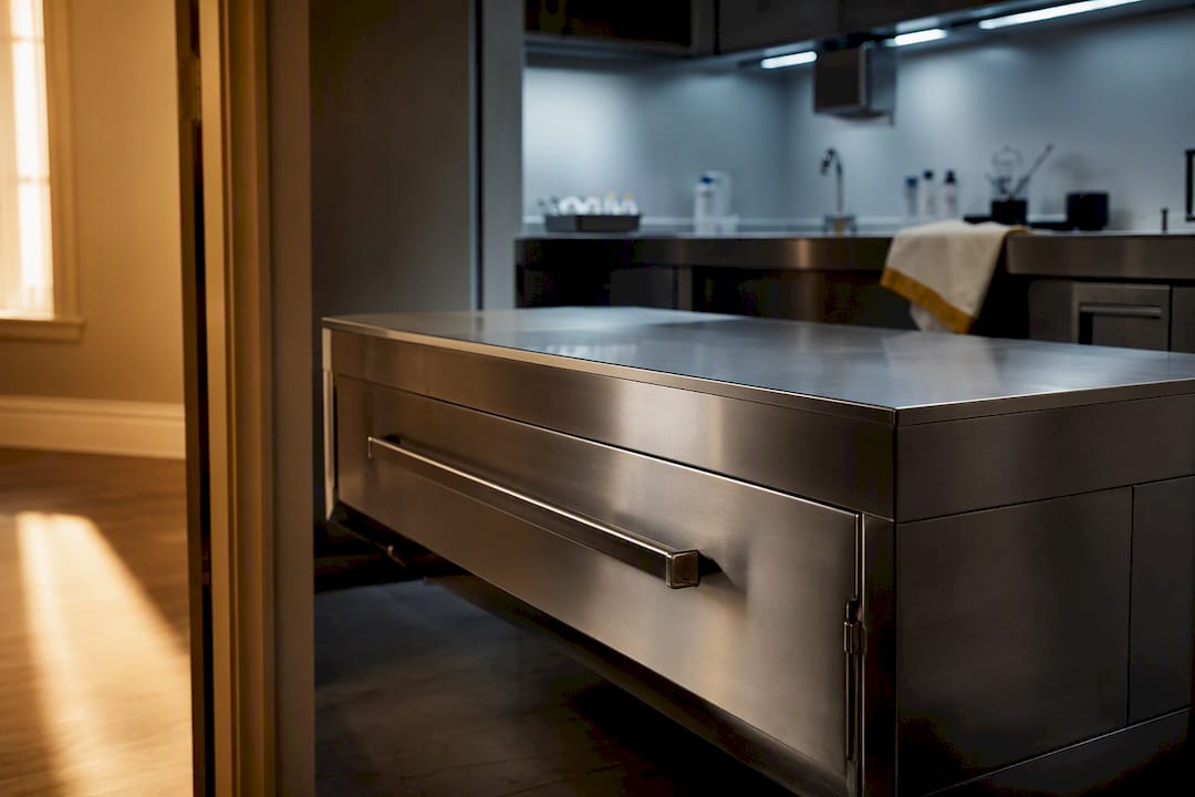 Mortuary refrigeration drawer in preparation room